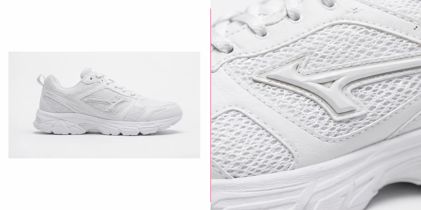 Left: a standard free inspection photo of a sneaker. Right: an HD fine-photography macro of the same shoe showing stitching and logo detail