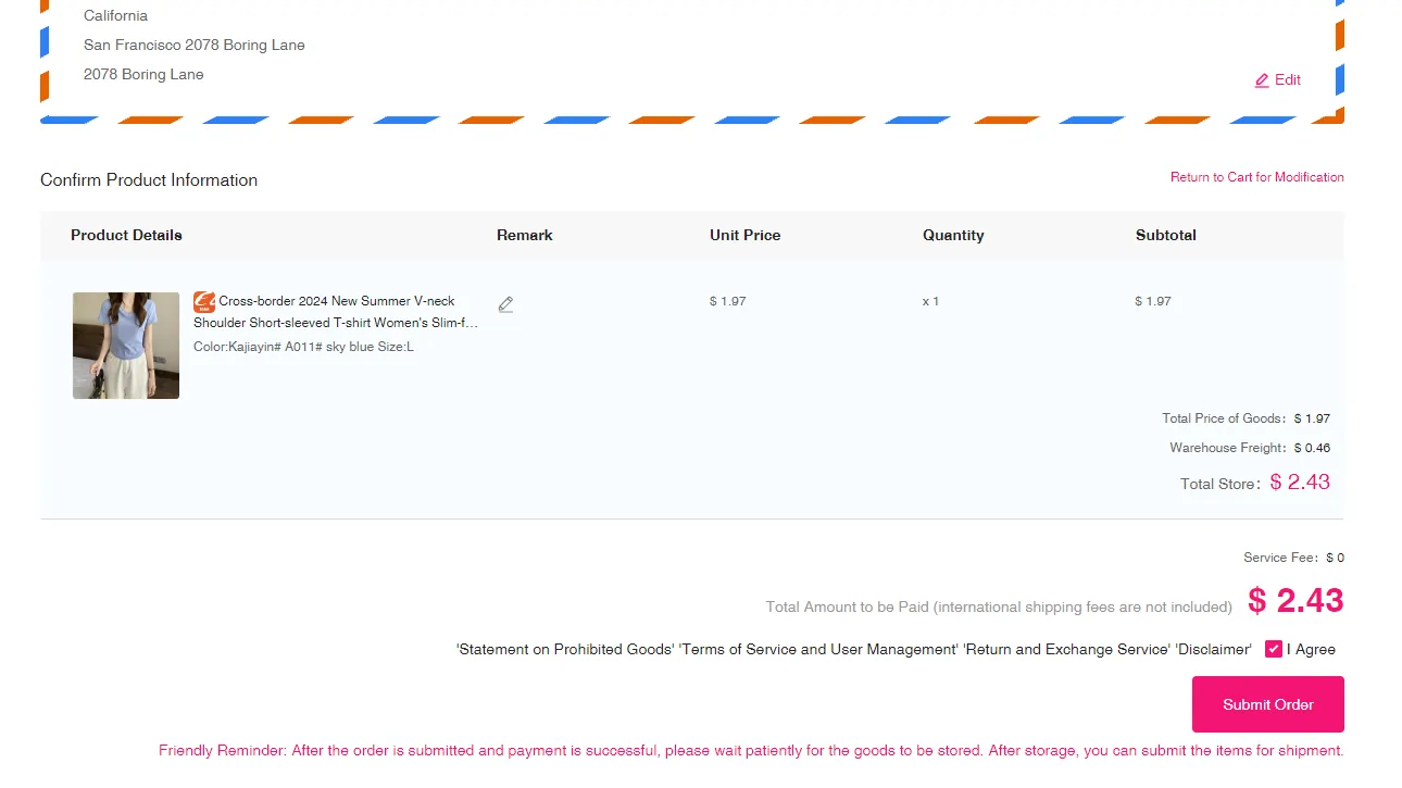 OOPbuy order confirmation screen with product details, totals and Submit Order