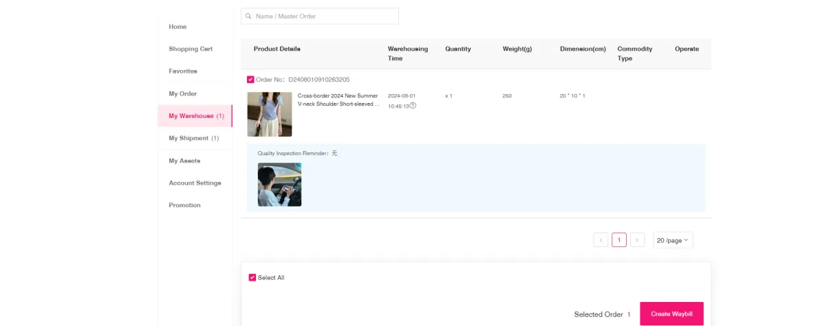 My Warehouse: tick stored items and click Create Waybill