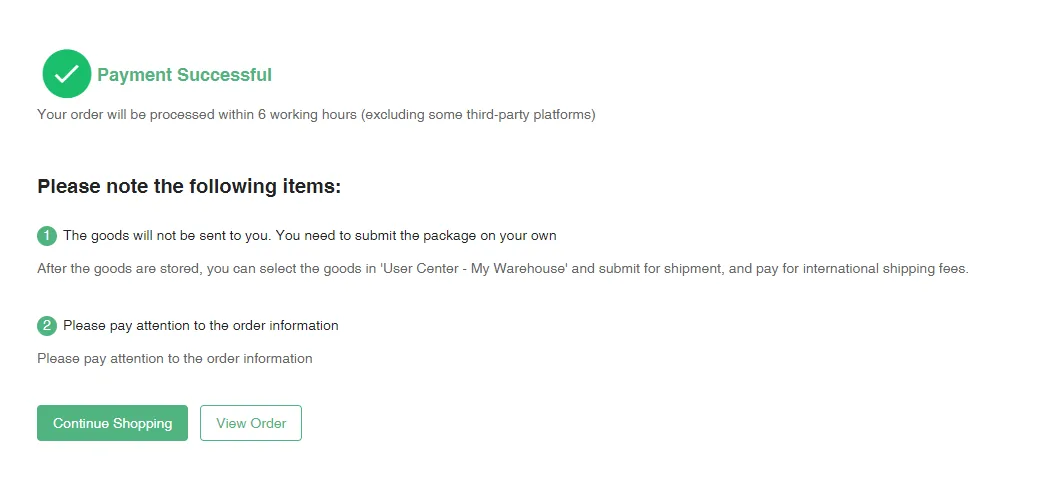 OOPbuy Payment Successful screen noting the goods are stored, not shipped directly