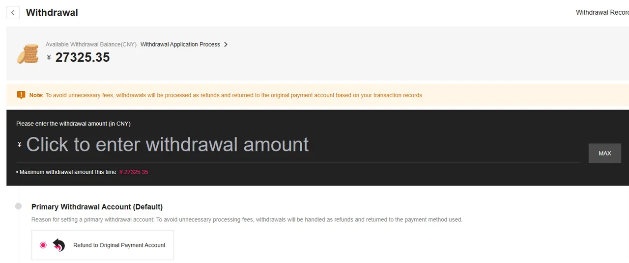 OOPbuy Withdrawal screen showing available balance, the amount entry box and the refund-to-original-account option