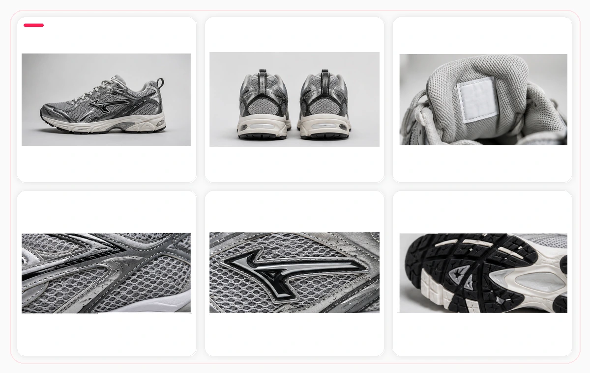 A QC photo set for one sneaker: front, back, tag close-up, mesh and logo macros, and the sole