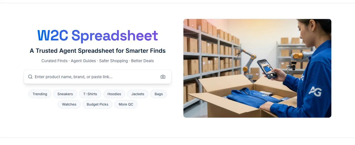 OOPbuy Spreadsheet home: search bar and category chips such as Sneakers, T-Shirts, Hoodies, Jackets and Bags