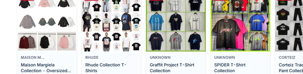 OOPbuy Spreadsheet category results showing collection cards with multiple product photos